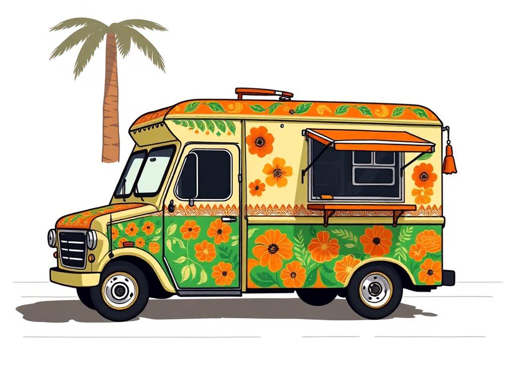 The Desi Videshi Diner food truck painted in saffron and green truck art